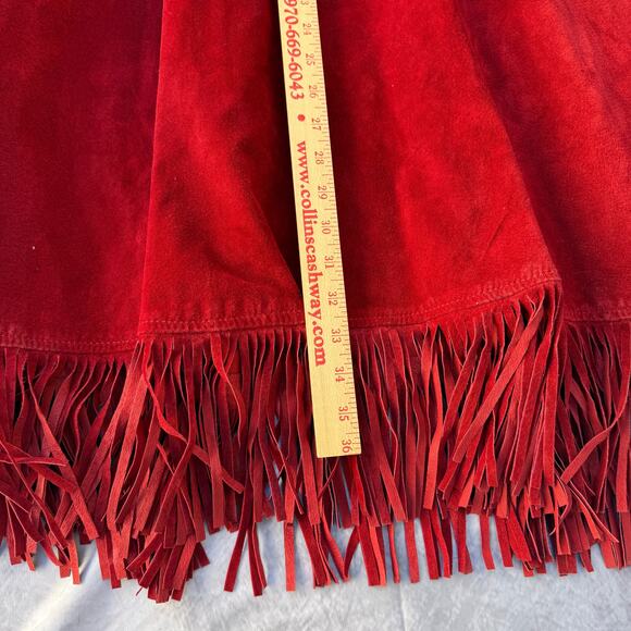 Women's Vintage Double D Ranch Wear Red Suede Leather Long Fringe Skirt Sz Large - Picture 7 of 8